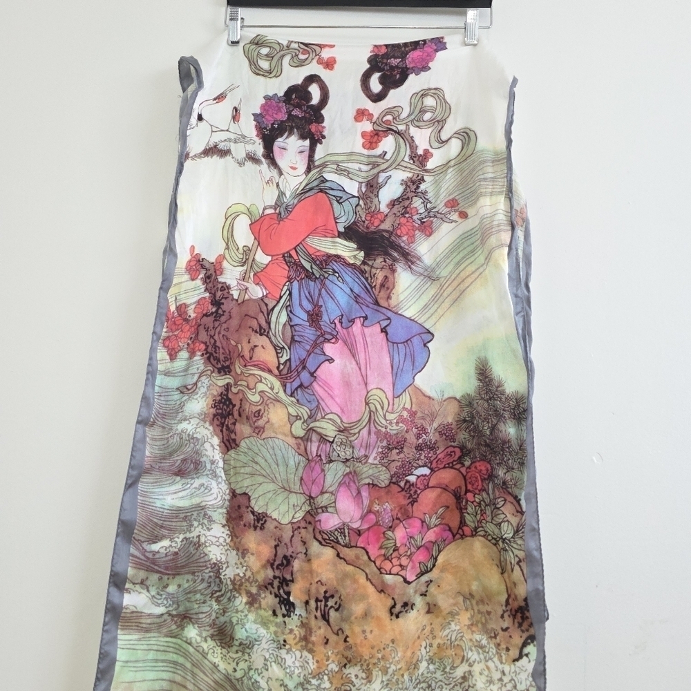 Vintage Japanese Geisha Print Fine Silk Scarf Shawl - Picture 3 of 7